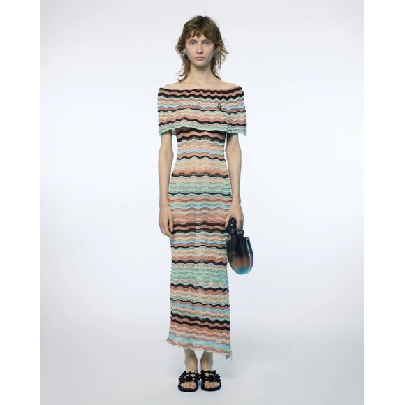 Susan Fang Wave Knit Off Shoulder Fitted Dress S Unlined NEW - Picture 1 of 7